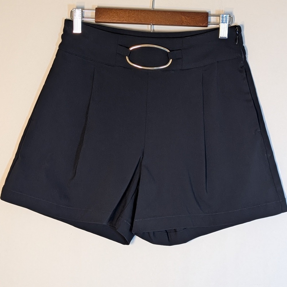 INC International Concepts Black High Waisted Dress Shorts Gold Buckle Size S